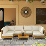 Outsunny 7 Piece Wicker Patio Furniture Set, Modular Outdoor Sectional with Thickened Cushions, Rattan Outdoor Furniture Conversation Set with Slatted Acacia Wood Table for Backyard, Khaki/Beige Outsunny