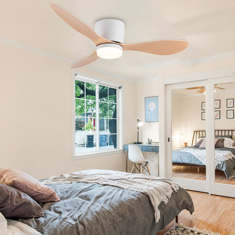 GESUM Ceiling Fan with Light, 42" Flush Mount Ceiling Fan Light with 3 Colors, 6 Speeds, Timing,Low Profile Ceiling Fan with Remote Control 3 Blades for Bedroom Dining Room (White Wood) GESUM