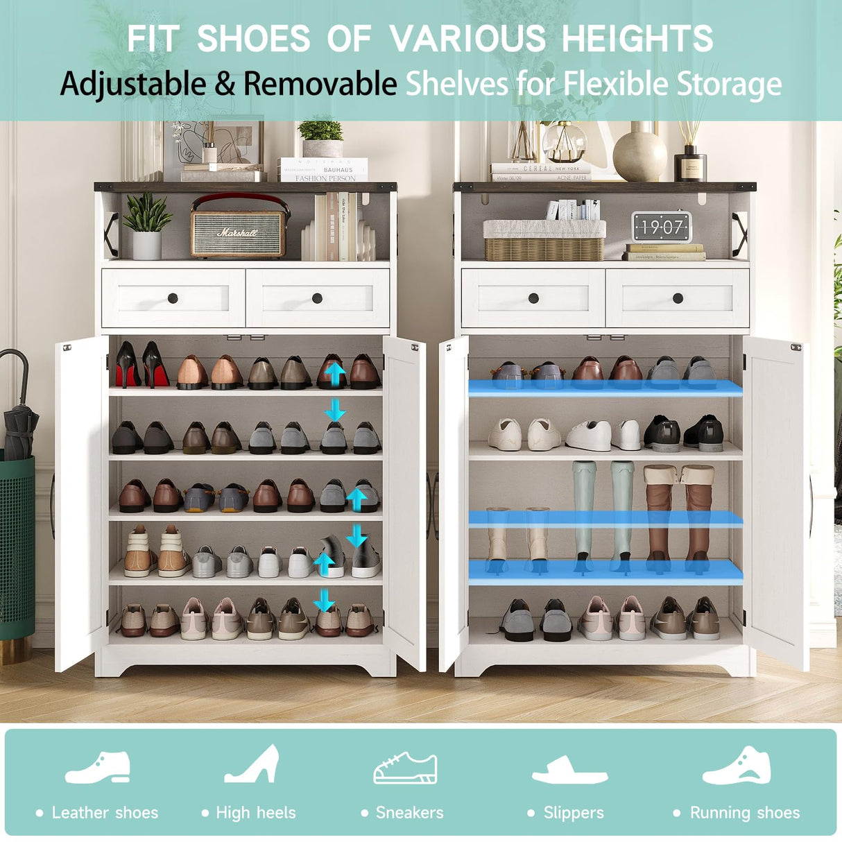 Maupvit 5-Tier Shoe Cabinet with Doors & 2 Drawers, Farmhouse Storage Cabinet with Adjustable Shelves, Wooden Freestanding Shoe Rack Organizer Cabinet for Entryway, Foyer, Hallway, Living Room, White Maupvit