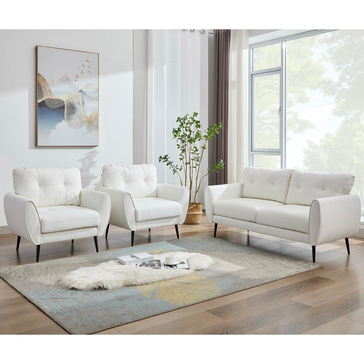 TYBOATLE Sofa Couch 61" Small Loveseat Couches for Living Room Leather Couch Mid Century Modern Tufted Mini Sofa Comfy Office 2 Seat Settee Love Seat for Small Spaces Bedroom, White TYBOATLE
