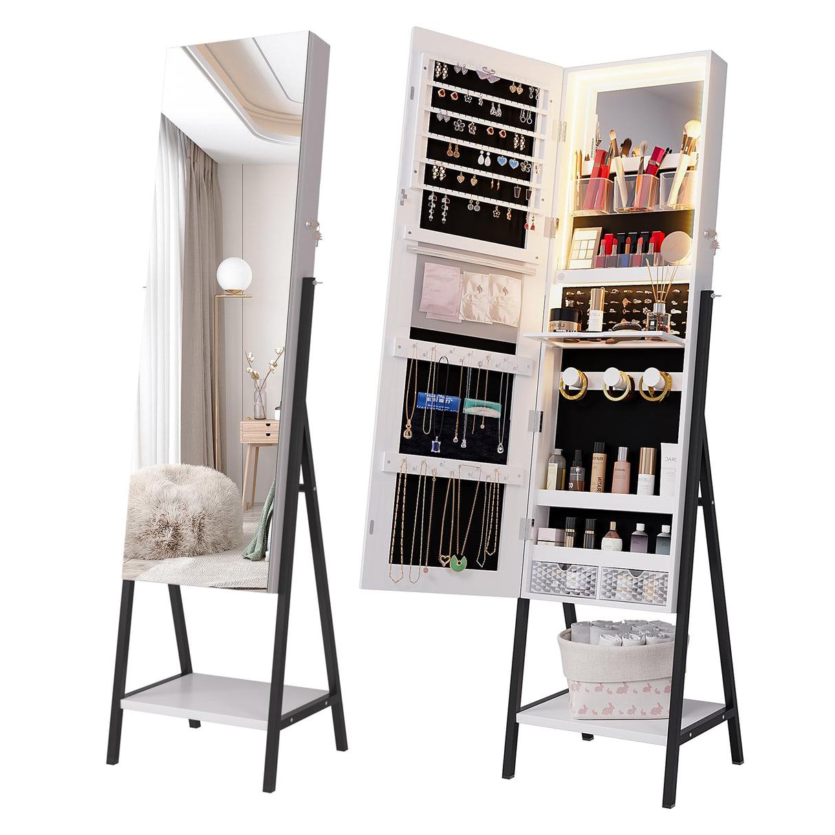 jajov 47.2" LED Jewelry Cabinet Armoire, Standing Mirror with Jewelry Storage, Jewelry Organizer Armoire with Full Length Mirror, Lockable Jewelry Mirror Cabinet (White) jajov