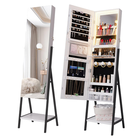 jajov 47.2" LED Jewelry Cabinet Armoire, Standing Mirror with Jewelry Storage, Jewelry Organizer Armoire with Full Length Mirror, Lockable Jewelry Mirror Cabinet (White) jajov