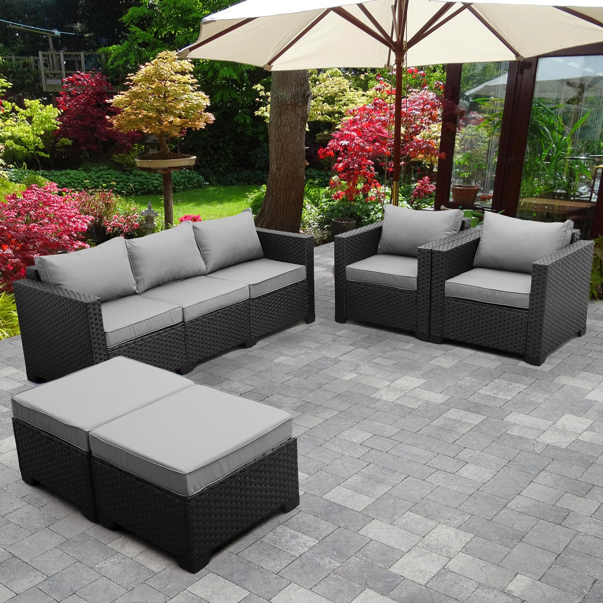 Rattaner Outdoor Wicker Furniture Couch Set 5 Pieces Patio Furniture Sectional Sofa with Grey No-Slip Cushions and Waterproof Covers Rattaner