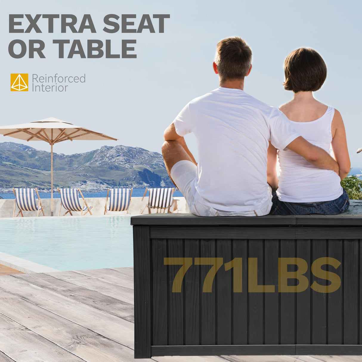 DWVO 150 Gallon XL Deck Box with Divider & Lockable Lid, Waterproof Resin Outdoor Storage for Patio, Garden, Poolside, Cushions, Supplies & Sports Gear, Black DWVO