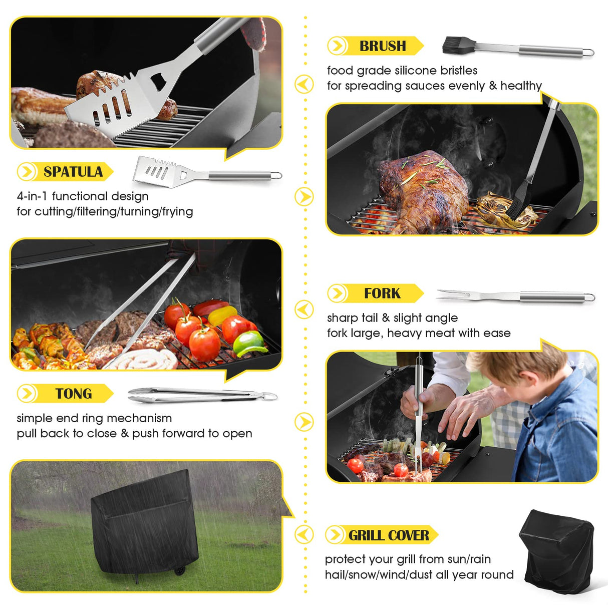 Barrel Charcoal Grill with Offset Smoker, HaSteeL Outdoor BBQ Grill Set of 15, Large Camping Grill for Patio Backyard Garden Smoking Barbecue, Grill Cover, Spatula, Tong, Brush, Fork, Carrying Bag HaSteeL