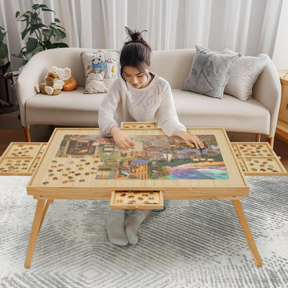 YKHALLYBEE Puzzle Table 1500 Pieces Wooden Jigsaw Puzzle Board with Legs, 34.3”x 26.5” Puzzle Board with 4 Drawers and Cover, Foldable Leg Puzzle Table for Adults Natural