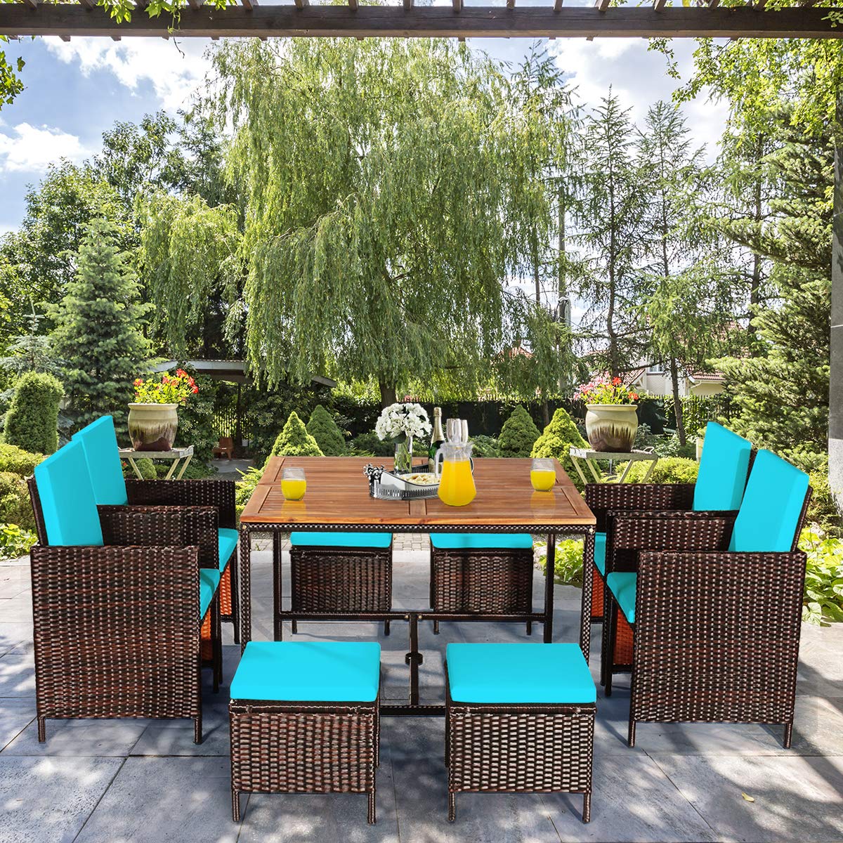 COSTWAY 9PCS Patio Rattan Dining Set Cushioned Chairs Ottoman Wood Table Top Turquoise COSTWAY