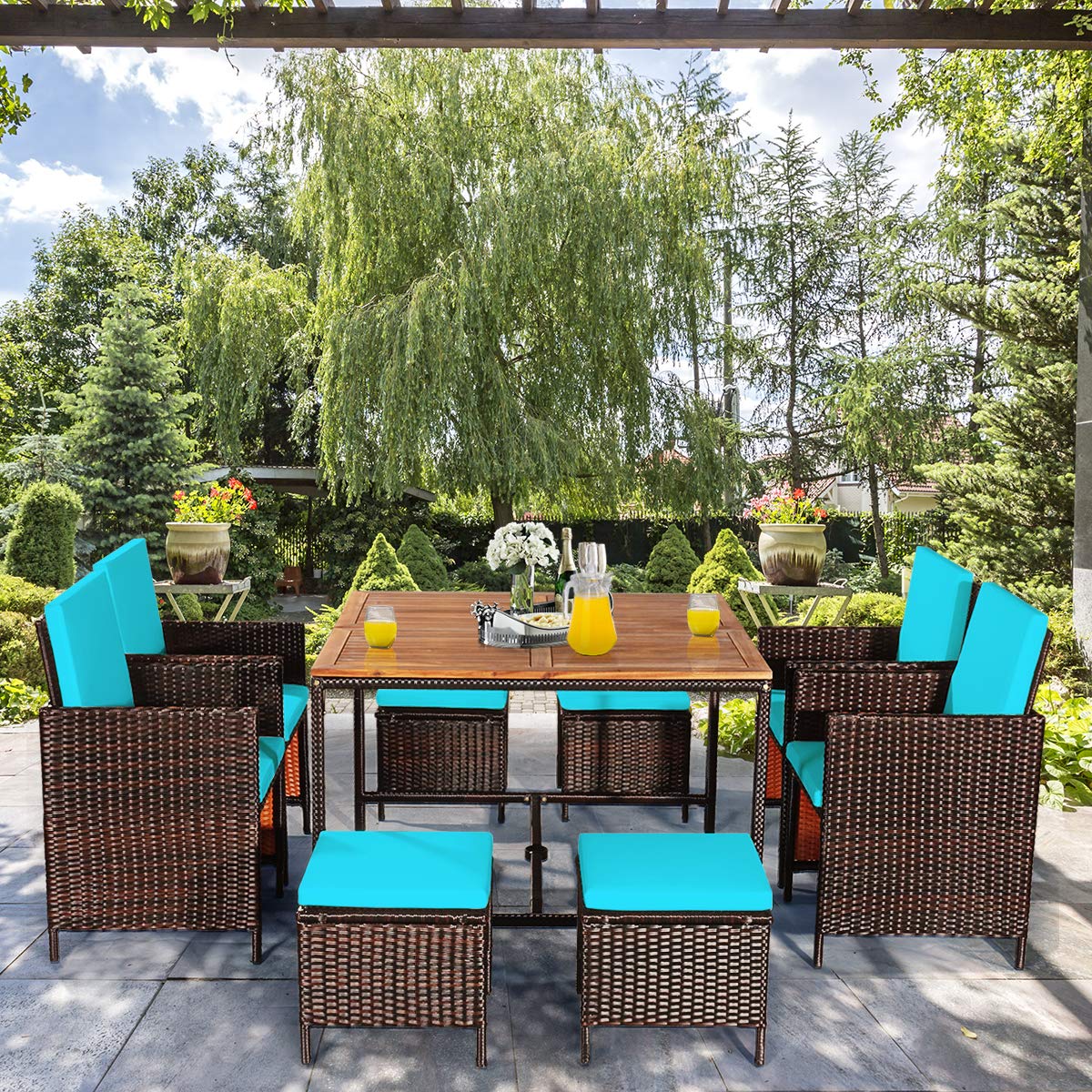 COSTWAY 9PCS Patio Rattan Dining Set Cushioned Chairs Ottoman Wood Table Top Turquoise - WoodArtSupply