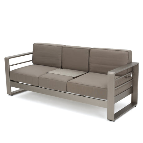 Christopher Knight Home Cape Coral Outdoor Loveseat Sofa with Tray, Khaki GDFStudio