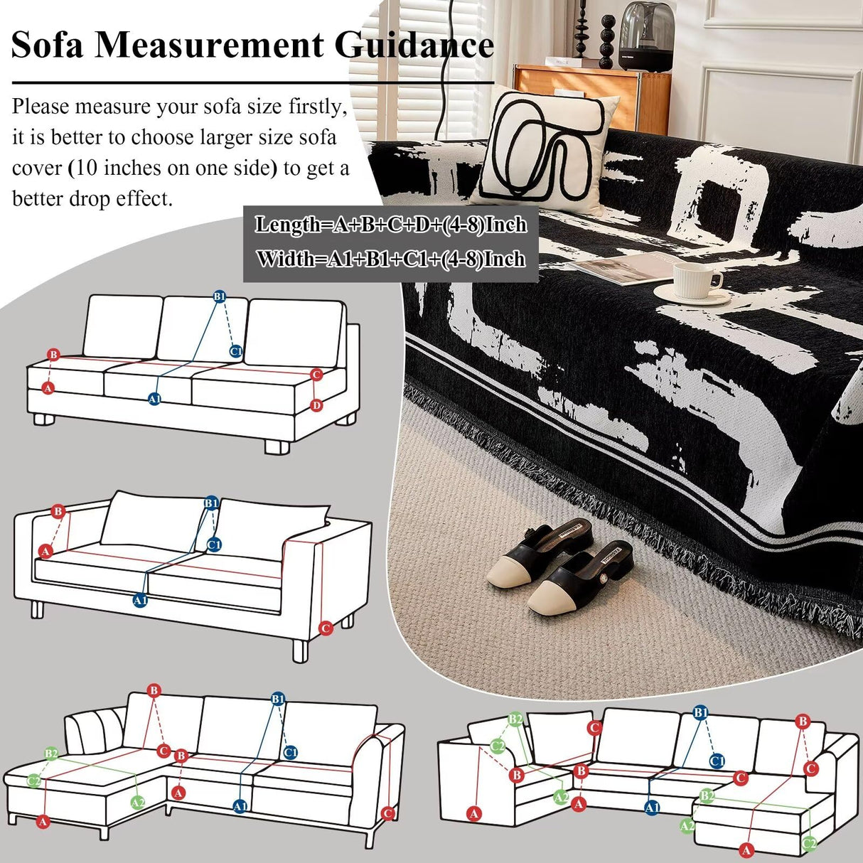 VClife Boho Couch Cover Black and White Sofa Cover Thick Non-Slip Chenille Couch Cover for 3 Cushion Couch Sofa (71" X 134") Pet-Friendly Breathable L Shape Sofa Cover Loveseat Cover with Tassel VClife