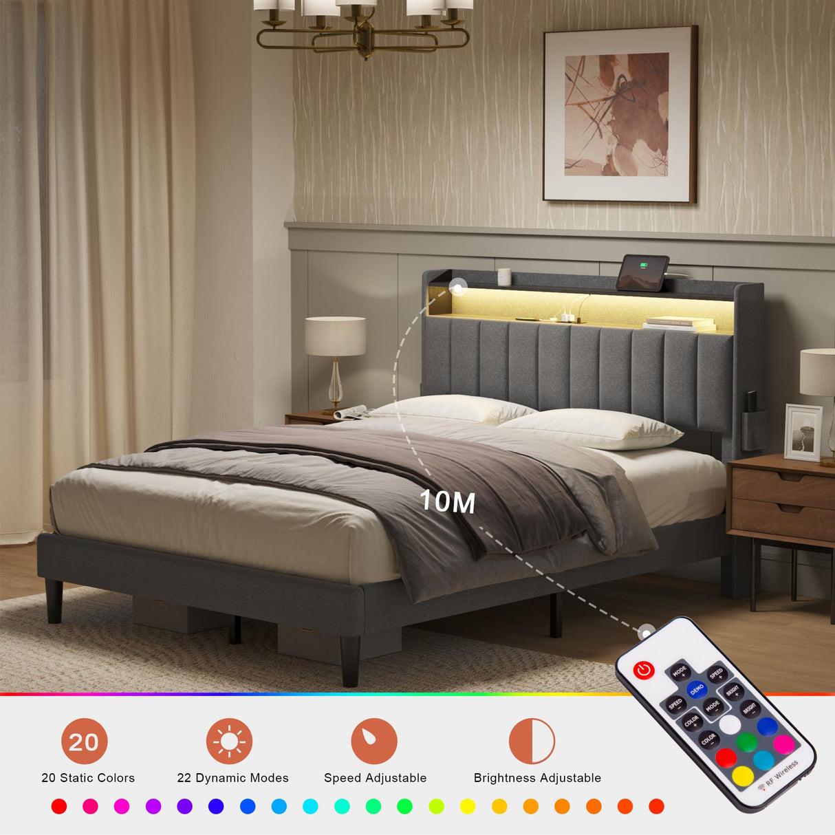 Modern Upholstered FYRENA Queen Bed Frame with Storage Headboard, LED Lights, USB Ports & Strong Wood Slats Support FYRENA