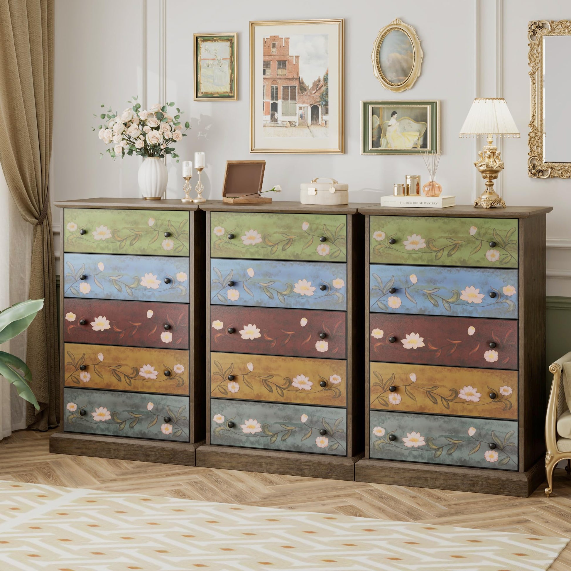 finetones 5 Drawer Dresser, Wood Dresser Boho Dresser Chest of Drawers, Tall Dresser with Large Storage Space, 16.3D x 23.6W x 39.4H Inch Wood Dresser Accent Dresser for Home Office - WoodArtSupply