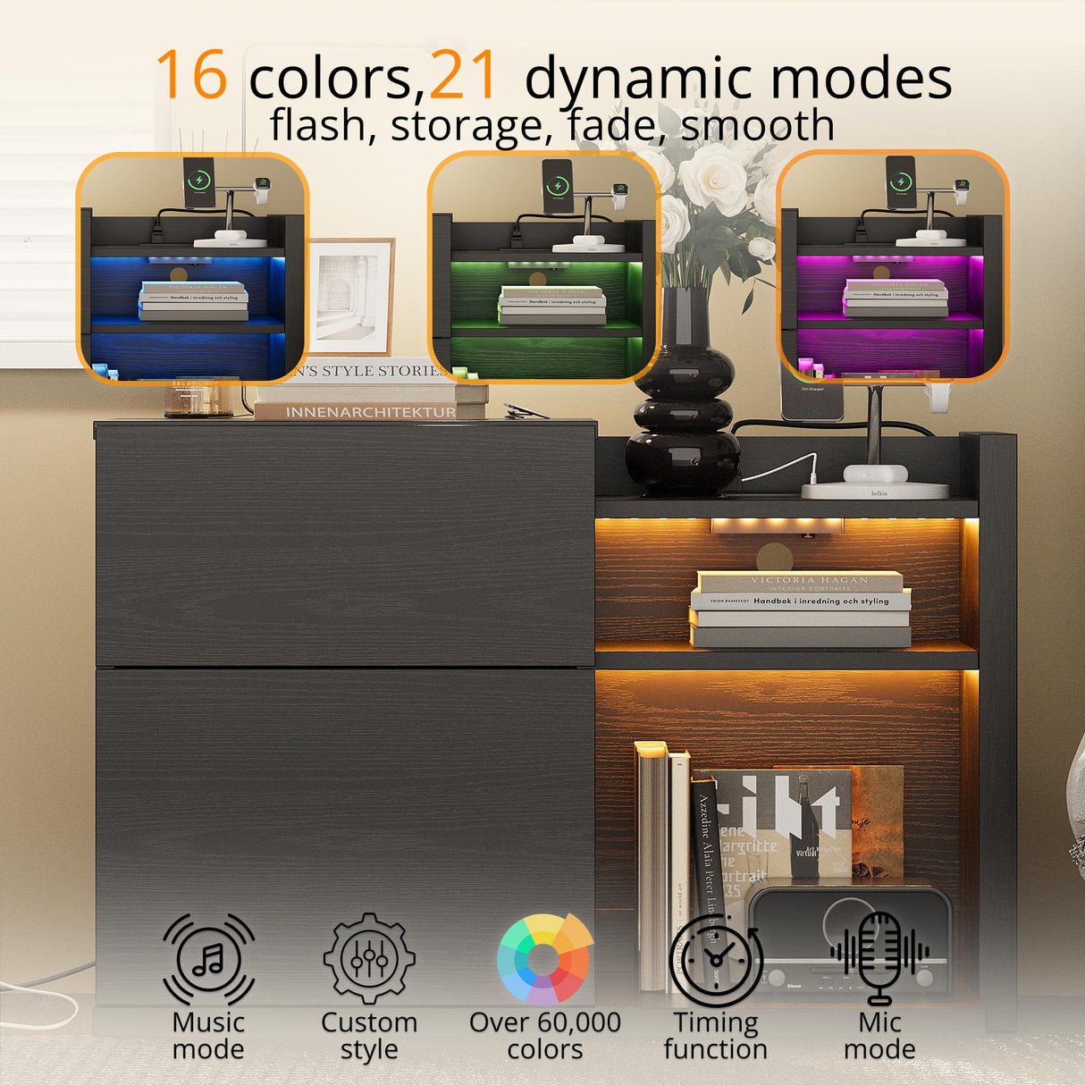 LIKIMIO Black Night Stand with Shelves, Charging Station & LED, 2 Drawer Wooden Bedside Table Record Player Stand for Bedroom, Entryway, Large LIKIMIO