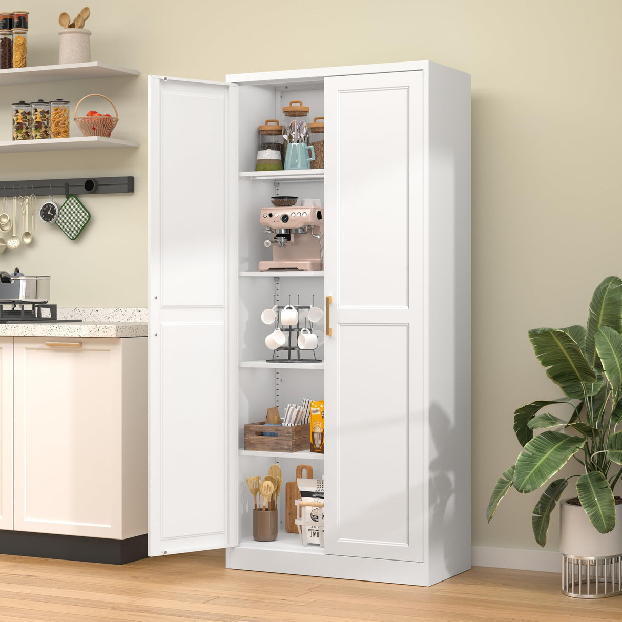 71" Kitchen Pantry Storage Cabinet,White Tall Storage Cabinet With Doors and Shelves,Metal Food Pantry Cabinets for kitchen storage,Freestanding Cupboard for Dining Living Room,Assemble Required TIMELESS PIECES