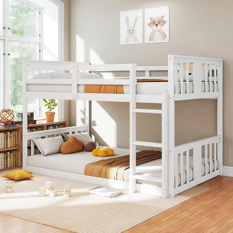 Zevemomo Wooden Low Bunk Bed Twin Over Twin, Solid Pine Bed Frame with Built-in Ladder, Convertible Bed Frame That Separates into 2 Twin Beds, Floor Bunk Bed for Small Spaces, Bedroom, White Zevemomo