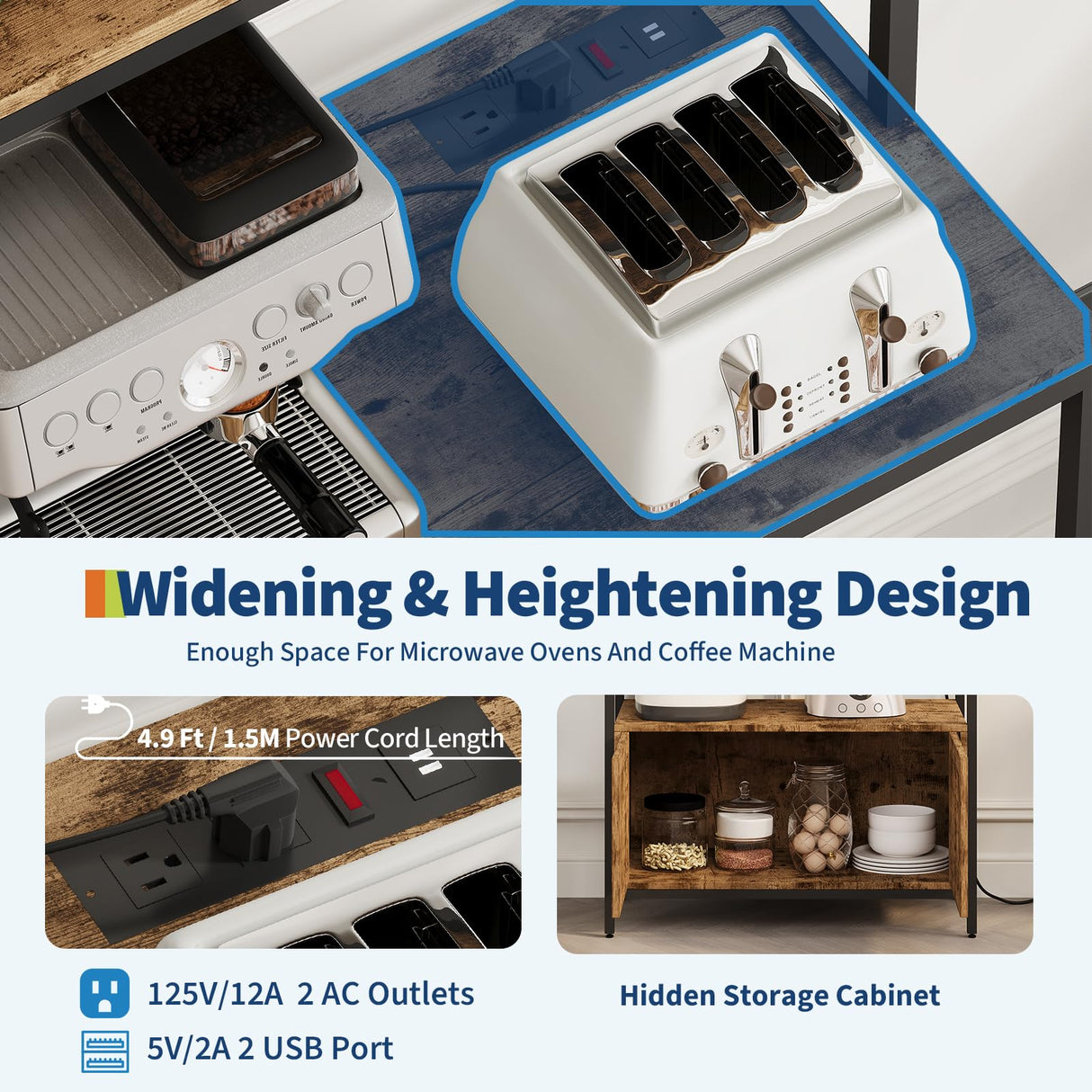 68" Kitchen Bakers Rack with Storage, Freestanding 6-Tier Industrial Coffee Bar Station with Power Outlet, Microwave Stand with Shelves & Cabinet for Pots, Pans, Spices & Kitchen Essentials Mochalight