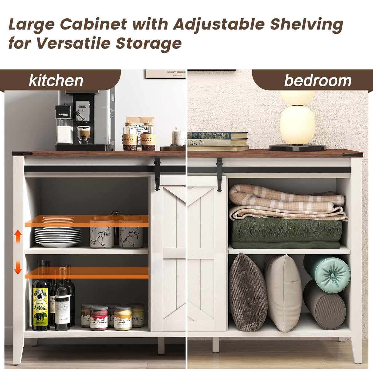 GlouMod 60" Farmhouse Buffet Cabinet with Storage, Sideboard with Shelves and Sliding Barn Door, Neoclassical White Dresser for Bedroom, Coffee Bar Cabinet for Kitchen, Living Room GlouMod