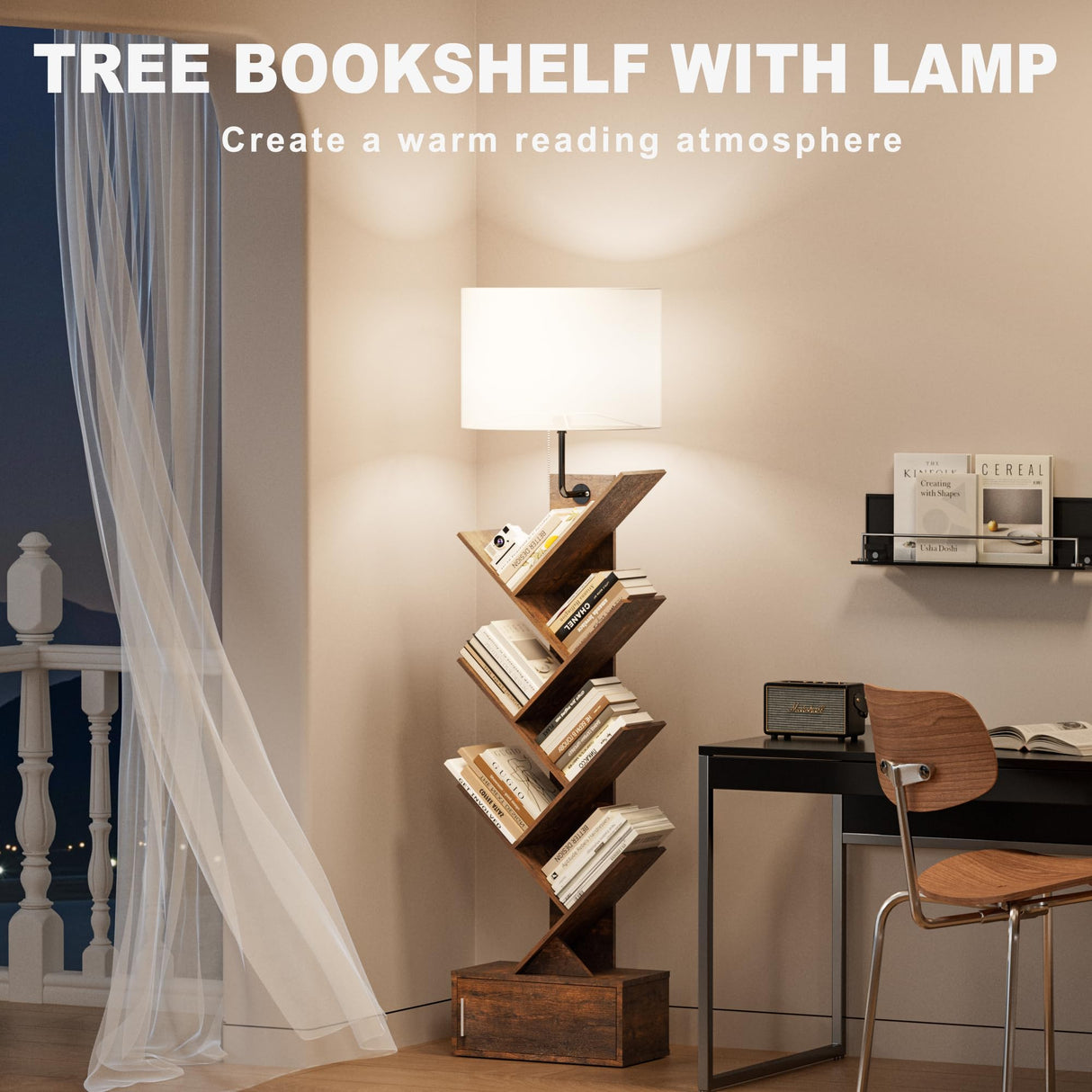Tree Bookshelf with Light, 6 Tier Narrow Bookcase with Storage Cabinet, Tall Corner Book Shelf for Small Spaces, Vertical Floor Standing Organizer for Bedroom Living Room Home Office, Rustic Brown INNOD