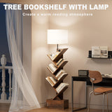 Tree Bookshelf with Light, 6 Tier Narrow Bookcase with Storage Cabinet, Tall Corner Book Shelf for Small Spaces, Vertical Floor Standing Organizer for Bedroom Living Room Home Office, Rustic Brown INNOD