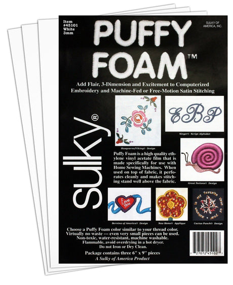 Sulky Of America 3mm Puffy Foam, 6" by 9", White Sulky