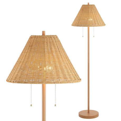 JONATHAN Y JYL3092A Nando 61" 2-Light Coastal Bohemian Iron/Rattan LED Floor Lamp with Pull-Chain Mid-Century, Modern Standing Reading Lamp LED Bulb Included, Brown Wood Finish JONATHAN Y