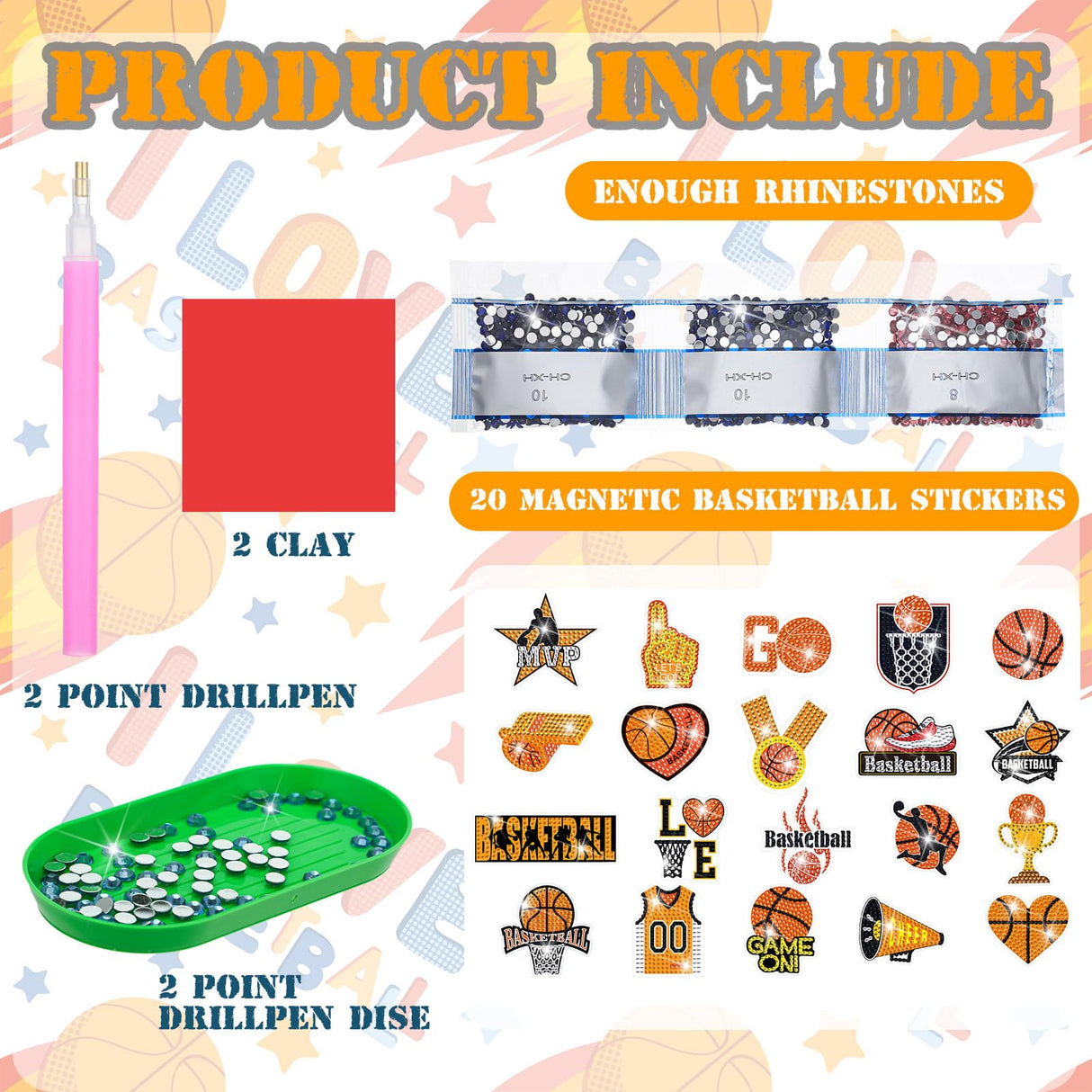 Saysurey 20 Pcs Basketball Diamond Painting Magnet Refrigerator Basketball Decoration DIY Diamond Art Painting Kits for Basket Ball Party Supplies Basket Ball Themed Party Exchange Gifts Saysurey