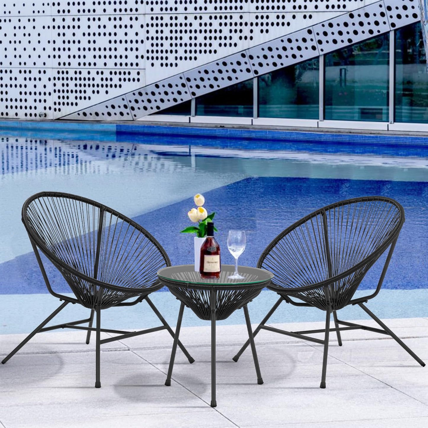 Acapulco Patio Bistro Set 3-Piece Outdoor Furniture Set All-Weather Woven Rope Patio Conversation Set with Glass Top Table and 2 Chairs (Black) - WoodArtSupply