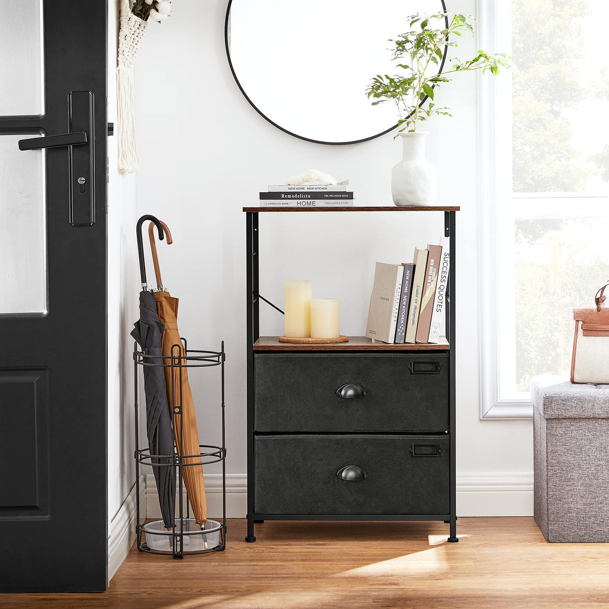 SONGMICS Nightstand, Industrial Bedside Table with 2 Fabric Drawers, Storage Shelves, Vertical Dresser Storage Tower with Wooden Top, Metal Frame, Labels, Rustic Brown and Black ULVT03H SONGMICS