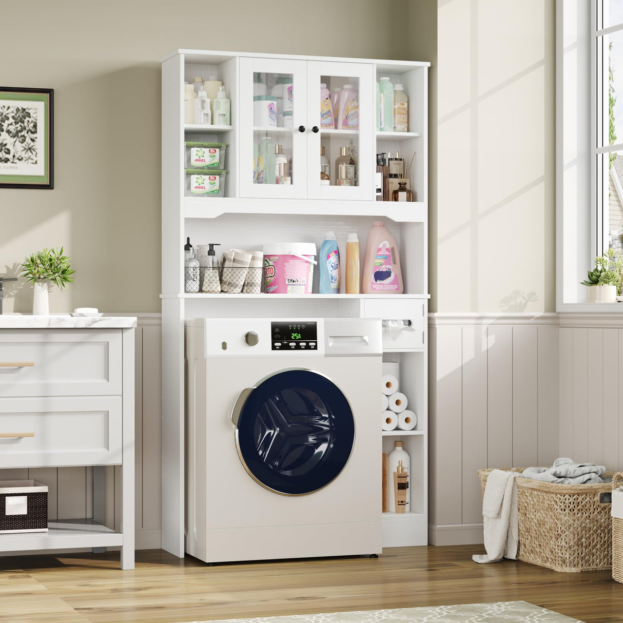 FACBOTALL Over The Toilet Storage Cabinet, Bathroom Organizer with Glass Doors and Paper Holder, Bathroom Shelf Over Toilet, Space-Saver for Restroom, Laundry, White FACBOTALL