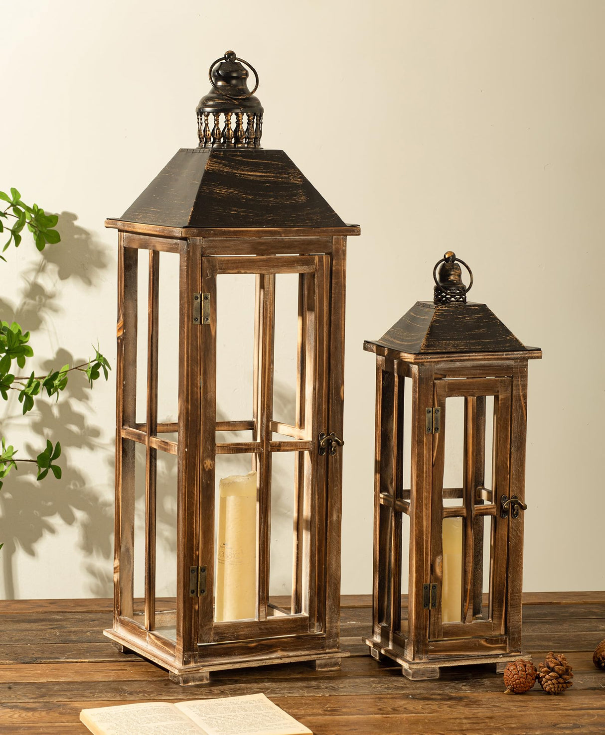 Large Farmhouse Wooden Decorative Lantern Set of 2, Rustic Distressed Brown Burnt Wood Floor Candle Lanterns, Indoor/Outdoor Hanging Lanterns for Home Decor (No Glass) TIMRIS