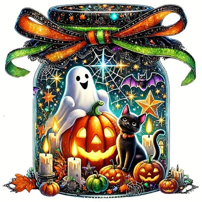 Pumpkin Ghost Cat Cup Diamond Painting Kits for Adults, 5D Fall Diamond Art Kits for Adults Beginners, DIY Full Round Drill Diamond Dot Painting Gem Art Kits for Adult, Home Wall Decor 13.8x13.8 Inch