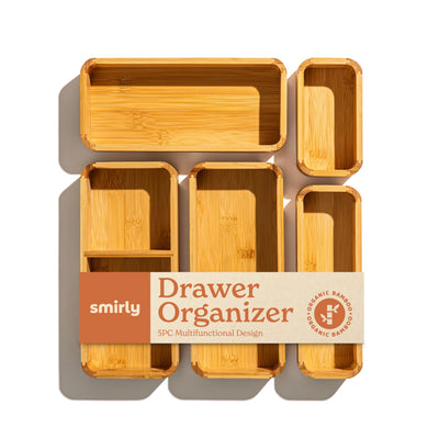 SMIRLY 5-Piece Bamboo Kitchen Drawer Organizer Set for Large and Small Utensils, Multi-use Storage Box - Bathroom, Nightstand, Jewelry, Cutlery, Knife, Spice, Towel, Junk Drawer Tray