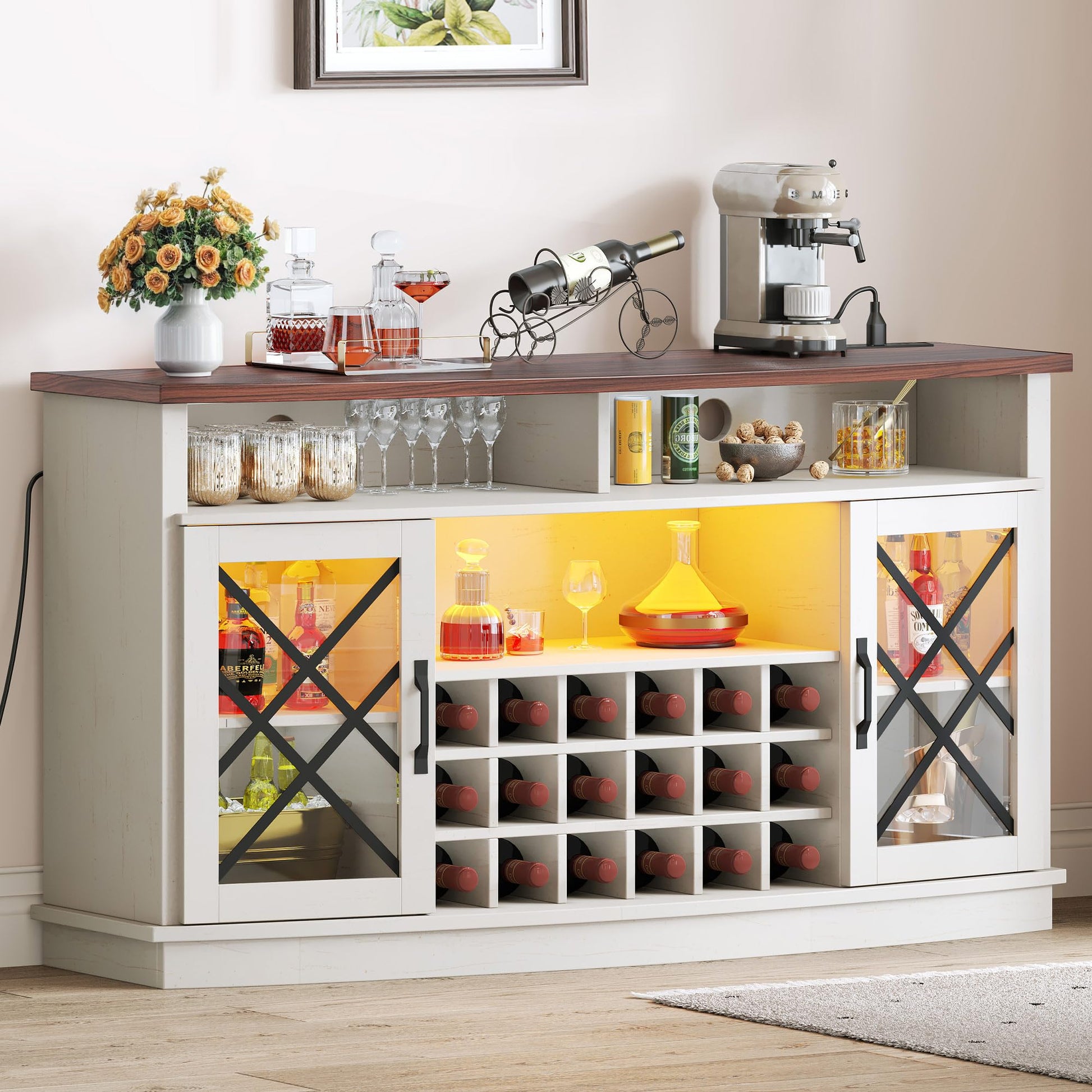 DWVO 58'' Farmhouse Sideboard Buffet Cabinet with LED Light and Adjustable Shelves, White - WoodArtSupply