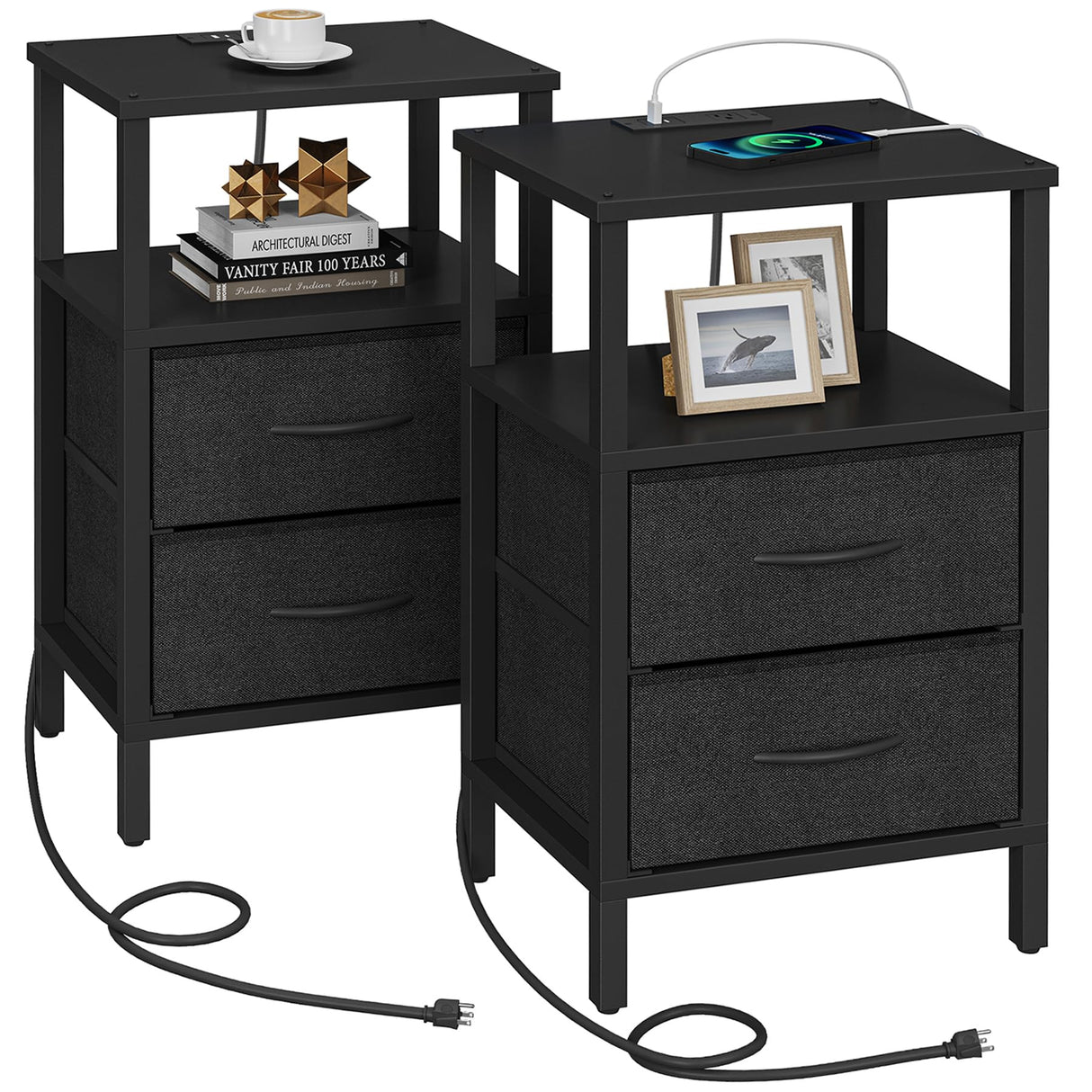 TUTOTAK End Table with Charging Station, Side Table with 1 USB & 1 USB- C type Port and Outlets, Nightstand with Cloth Drawer, Set of 2, Couch Table, Black TB01BK067 TUTOTAK
