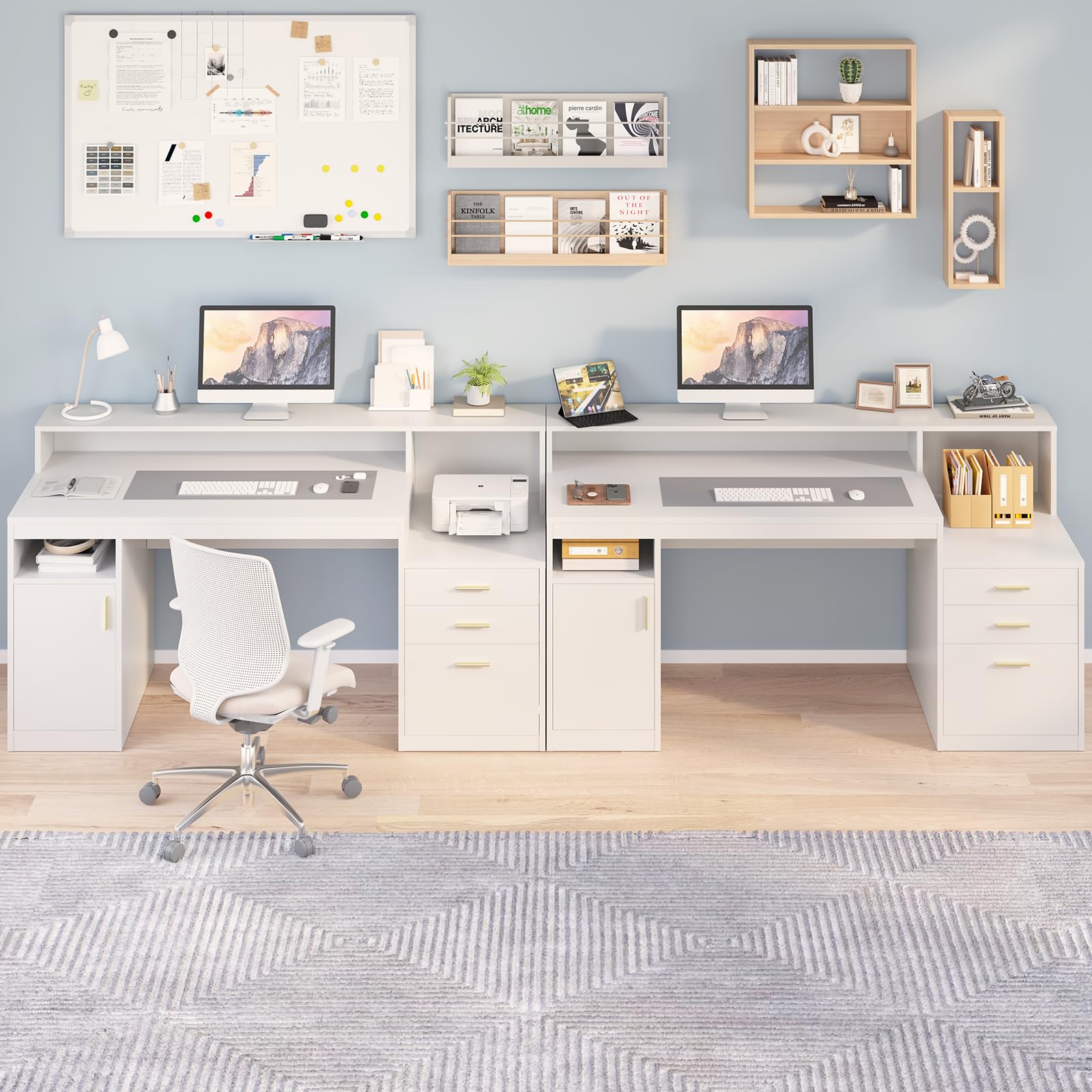 YOMILUVE Computer Desk with 3 Drawer & Storage Shelves, Home Office Desk with File Drawer & Cabinet, Writing Study Table with Long Monitor Stand & Printer Shelf, Executive Desk, White - WoodArtSupply