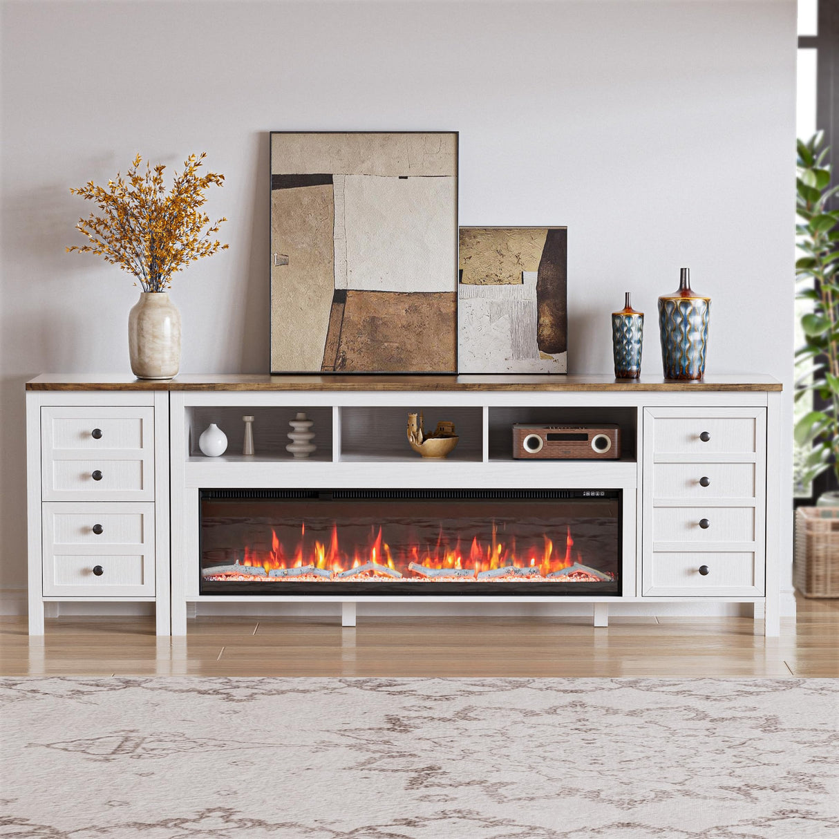 REPHRITE 83" Fireplace TV Stand for Up to 95 Inch TV, Entertainment Center with 50" Electric Fireplace with Storage Cabinets, Modern Farmhouse TV Stand for Living Room, White REPHRITE