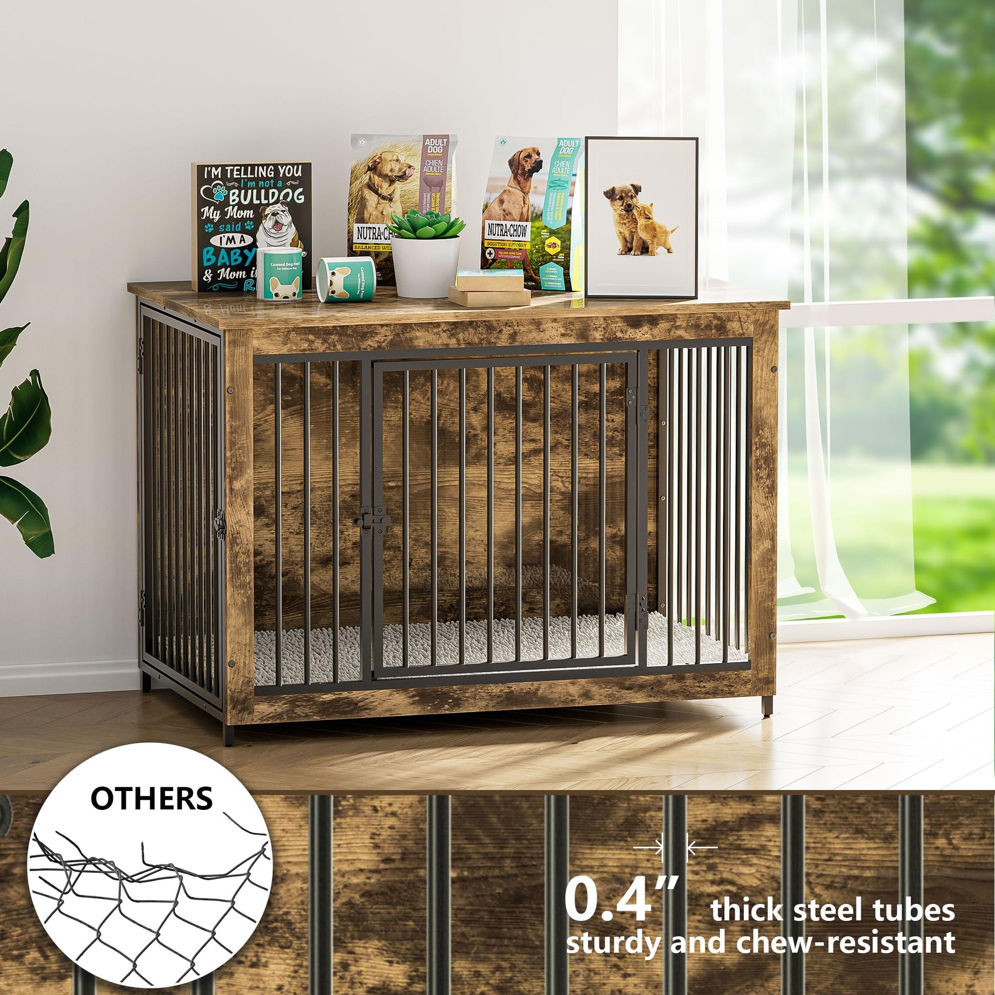 BREEZEHEAT Dog Crate Furniture with Cushion, 38'' Wooden Dog Crate Kennel with Double Doors, Heavy-Duty Dog Cage End Table for Small/Medium Dog, Indoor Dog House, Rustic Brown - WoodArtSupply