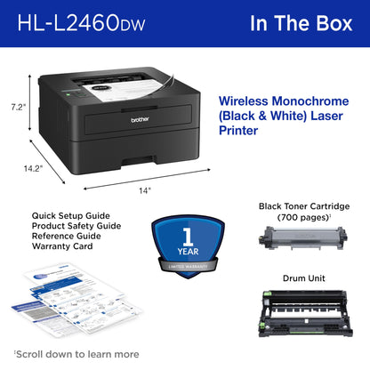 Brother HL-L2460DW Wireless Compact Monochrome Laser Printer with Duplex, Mobile Printing, Black & White Output | Includes Refresh Subscription Trial(1), (Renewed Premium)