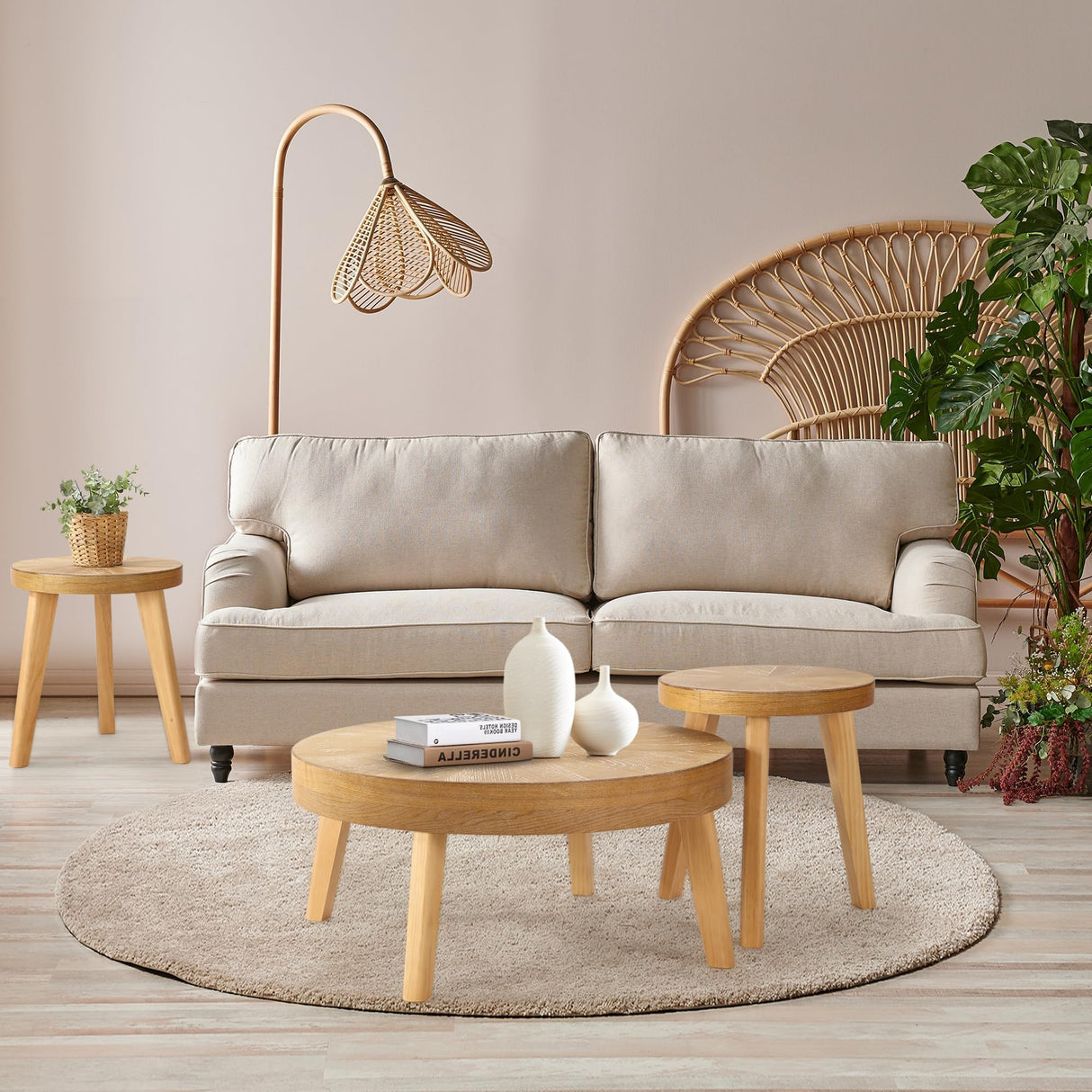 HOKYHOKY Farmhouse Round Coffee Table Set of 3, Boho Sofa Side Nesting Tables End Table Set with Wood Natural Finish for Living Room, Bedroom, Home Office,Natural HOKYHOKY