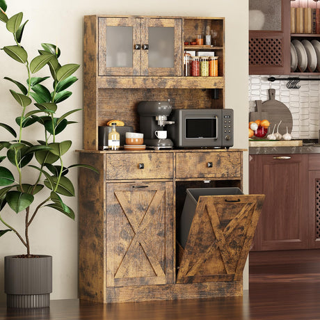 Redlife Double Tilt Out Trash Cabinet with Storage, 20 Gallon Double Tilt Out Laundry Hamper Cabinet, 67" Dual Hidden Garbage Cabinet Two Drawers, Kitchen Cabinet with Trash Can Storage (Rustic Brown) Redlifeᅟᅠ