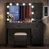 YITAHOME Farmhouse Makeup Vanity Desk with Mirror and Lights, Retro Big Vanity Table Set with Charging Station, Makeup Desk with 2 Drawers & 2 Cabinets, 10 Dimmable Light Bulbs, for Bedroom, Black YITAHOME