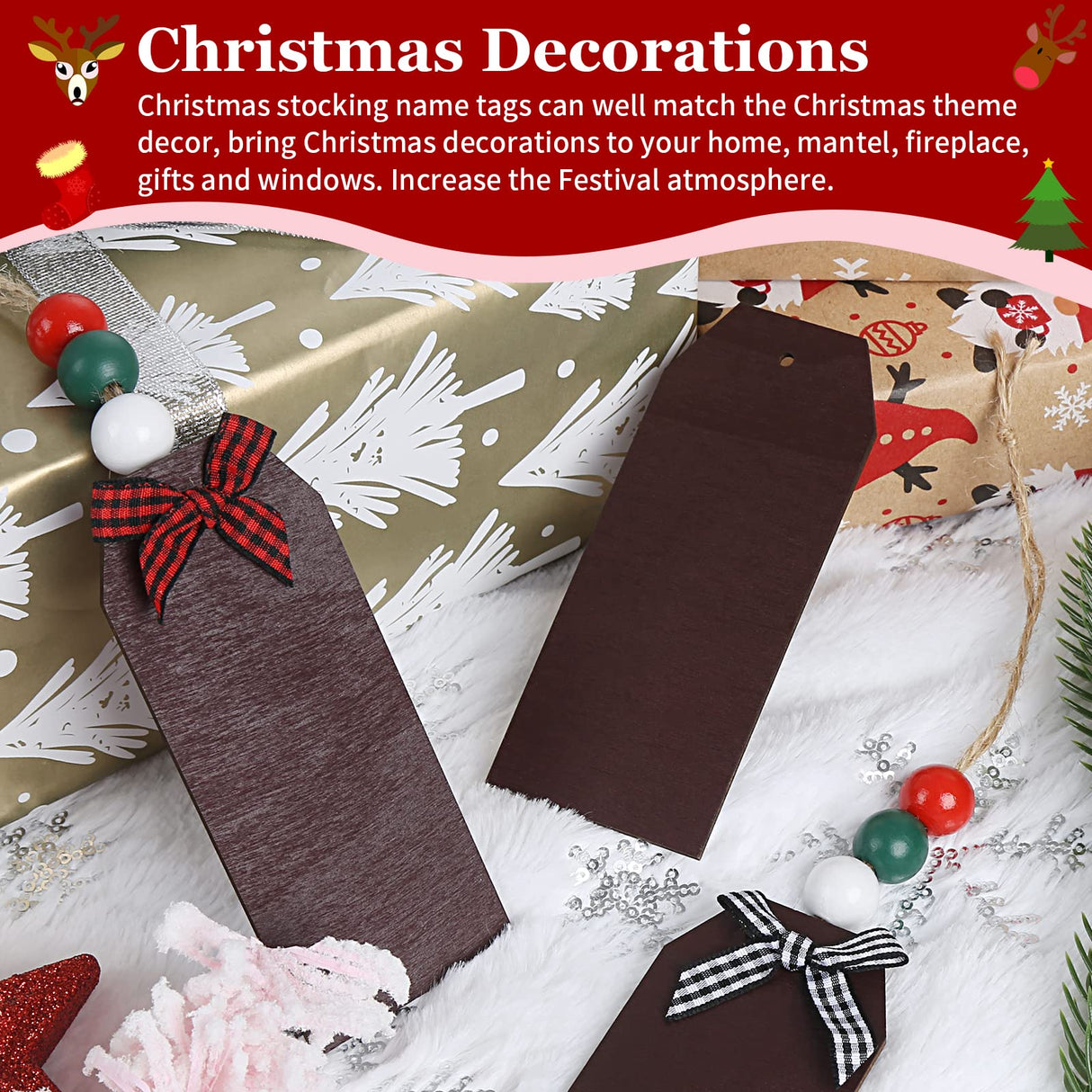 DIYASY Christmas Stocking Name Tags, 12 Pack Personalized Wooden Haning Tags Farmhouse Stocking Sign Unfinished Blank Chalkboard Tags with Wood Beads, Bows, Hemp Rope & Needle DIYASY