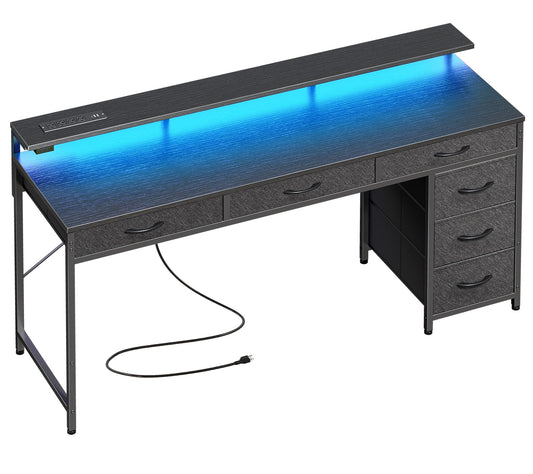 Huuger Gaming Desk with 6 Drawers, Computer Desk with LED Lights Power Outlets and Type-C, 54 Inch Office Desk with Storage, Monitor Stand, Writing Desk Work Desk Home Office, Bedroom, Study, - WoodArtSupply