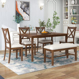 Harper & Bright Designs 6 Pieces Dining Table Set, Wooden Rectangle Table and 4 Chairs with Bench with Cushion, Kitchen Table Chairs Set for 6 Persons, Dining Room Set - Natural Cherry Harper & Bright Designs