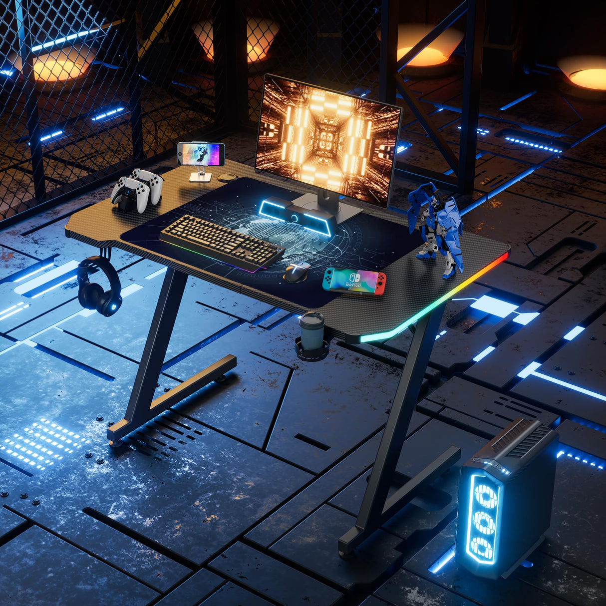 Homall Gaming Computer Desk with Carbon Fiber Surface, Gaming Table Z Shaped PC Home Office with Cup Holder&Headphone Hook(47 in, Black, Led Light) Homall