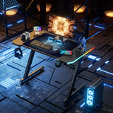 Homall Gaming Computer Desk with Carbon Fiber Surface, Gaming Table Z Shaped PC Home Office with Cup Holder&Headphone Hook(47 in, Black, Led Light) Homall