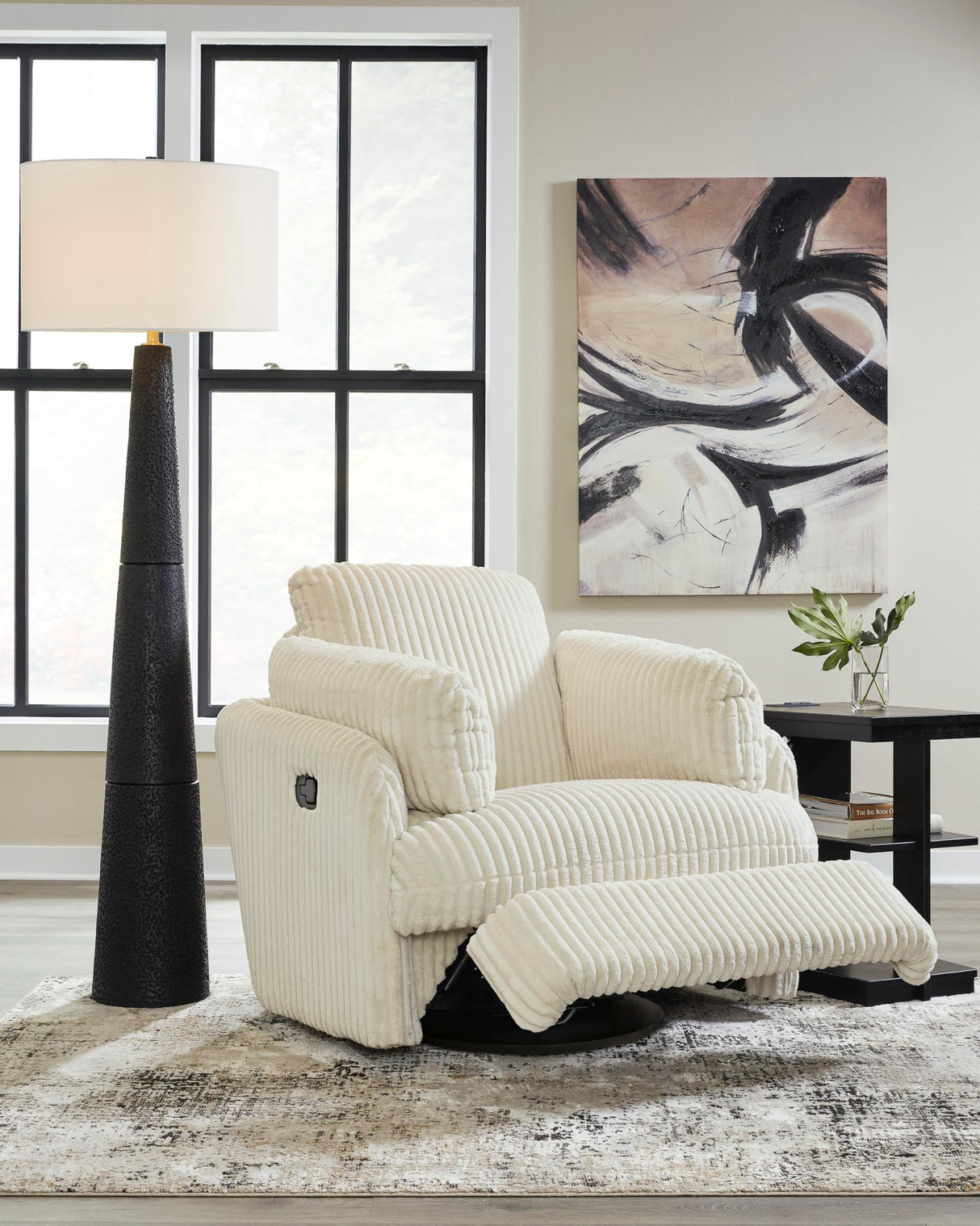Signature Design by Ashley Tie-Breaker Cozy Contemporary Manual Press-Back Swivel Glider Rocker Recliner with 2 Bolster Pillows and Hidden Storage, White Signature Design by Ashley
