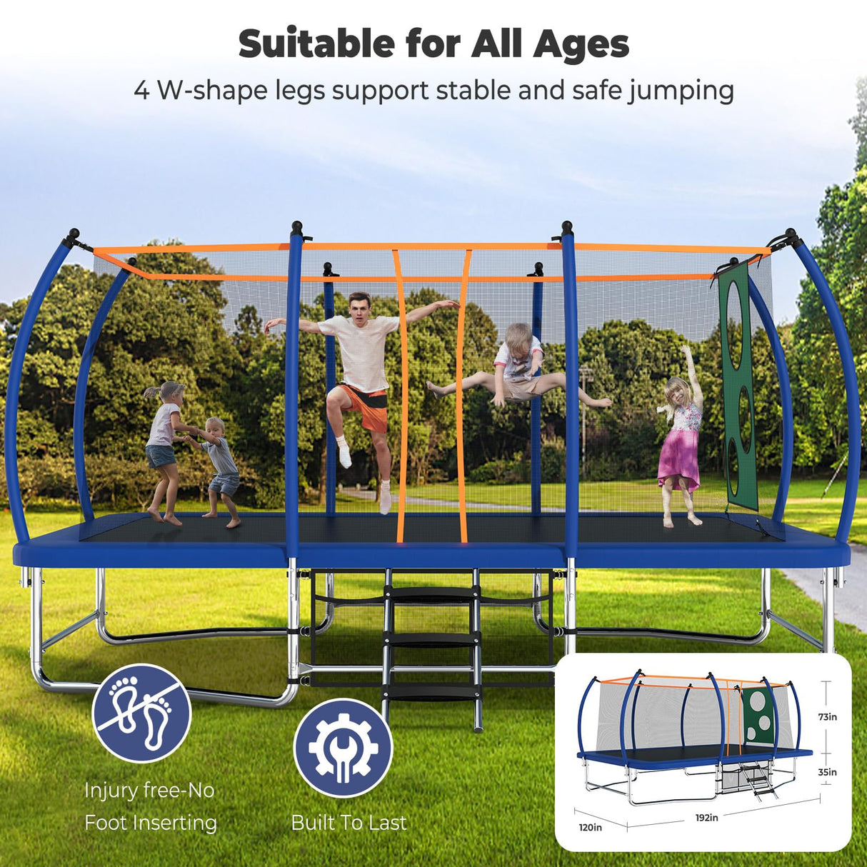 Lyromix 16FT Outdoor Rectangle Trampoline for Kids and Adults, Rectangular Trampoline with Curved Poles, Pumpkin Trampolin with Light, Sprinkler, Soccer and Storage Bag Lyromix