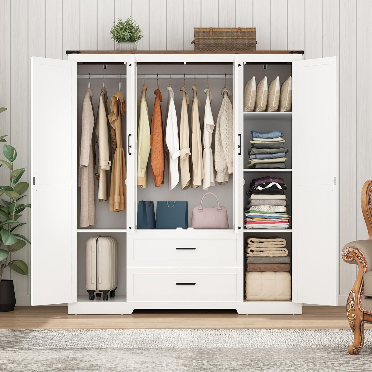 Hlivelood 4 Doors Wardrobe Armoire Closet with Doors and Drawers, Farmhouse Wooden Armoire Storage Cabinet with Shelves & Hanging Rod for Bedroom, White Hlivelood