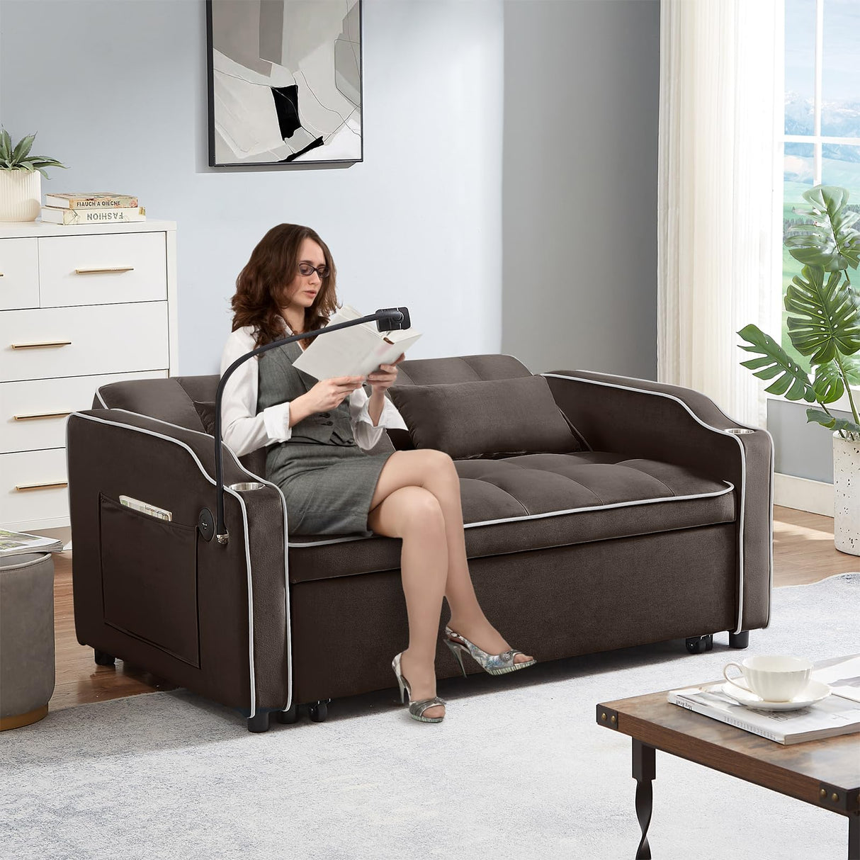 Sleeper Sofa Couch Bed with USB & Type C Port, Modern 3-in-1 Convertible Velvet Pull Out Loveseat Futon Sofa w/Phone Holder/Cup Holder for Living Room Apartment, Adjustable Backrest, Coffee Antetek